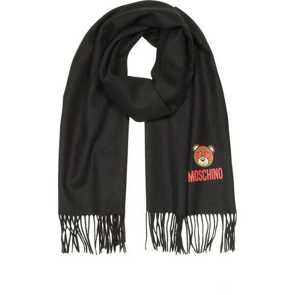 Moschino Accessories - Moschino Heart Eyed Teddy Bear Solid Wool Long Scarf with Fringes